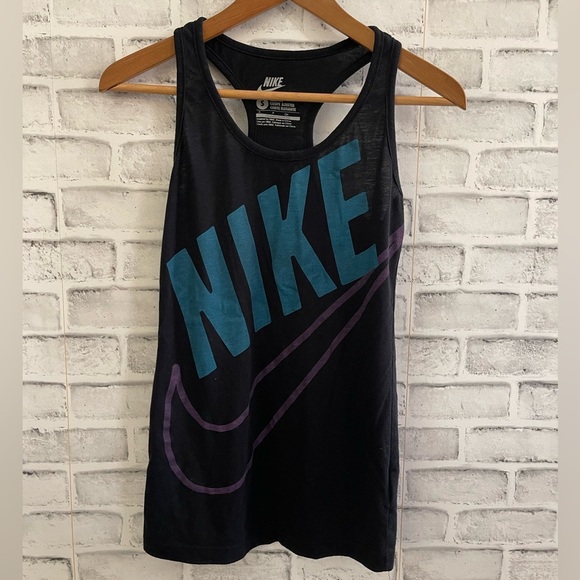 Women’s Nike black with purple/teal logo racerback tank top Small - Picture 1 of 4